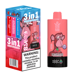Disposable vape device and packaging with a pink monkey image blowing a bubble gum bubble, labeled Bang King Vape strawberry watermelon flavor with 3 adjustable flavors: watermelon ice, strawberry watermelon, and blue razz ice, containing 85 puffs and a warning about nicotine addiction.