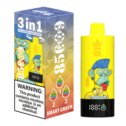 Yellow Bang King Vapen device with cartoon monkey and lemon lime flavor, next to packaging box indicating 3 in 1 adjustable flavors and 85 puffs, with nicotine warning label