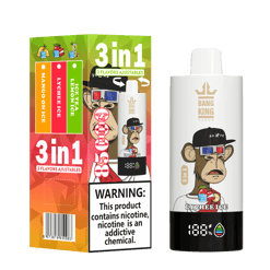 A Bang King Vape 3 in 1 disposable vape device and its colorful packaging highlighting three adjustable flavors: Mango on Ice, Lychee Ice, and Iced Tea Lemon Ice, with a nicotine warning and a cartoon monkey wearing a black cap on the device.