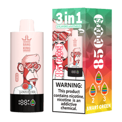 Bang King Vape device with cartoon monkey wearing red sunglasses on the body, showing 3 in 1 adjustable flavors and 185 puffs, next to colorful packaging with same monkey image, nicotine warning, and 3 flavor indicators numbered 1, 2, 3
