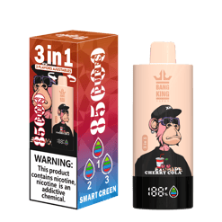 Disposable vape device and its packaging, featuring a cartoon monkey wearing a black cap and sunglasses, labeled 'Bang King Vapen' and '85 Cuotas', with cherry cola flavor and nicotine warning on the box.