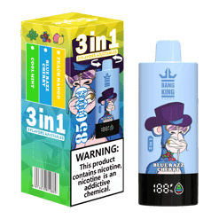 Bang King blue disposable vape with Blue Razz Cherry flavor, illustrated monkey wearing a purple top hat on light blue body, alongside the product's 3-flavor adjustable package showing Cool Mint, Blue Razz Cherry, and Peach Mango options with nicotine warning.