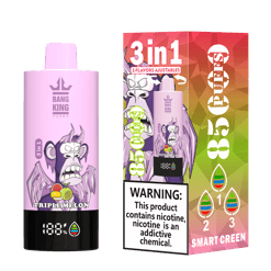 Pink vaping device labeled 'Bang King Vapen' with an angry cartoon monkey holding fruit, marked as '3 in 1' and 'Triple Melon', alongside its packaging highlighting '3 in 1', '3 flavors adjustable', '85 puffs', and a nicotine addiction warning.