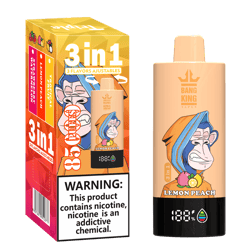 Bang King vape device in lemon peach flavor with an orange and blue hooded monkey illustration, alongside its yellow-orange packaging box showing three adjustable flavors: strawberry, lemon peach, and tropical, with a nicotine warning label.