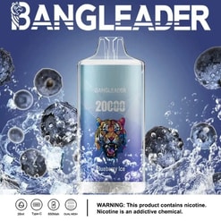 BANGLEADER disposable vape device labeled 'Blueberry Ice' with a colorful tiger graphic, surrounded by blueberries and splashing water, indicating the flavor; text at bottom warns nicotine addictiveness.