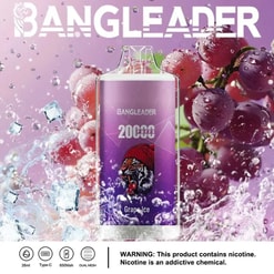 BANGLEADER disposable vape device with grape ice flavor, surrounded by splashing water, ice cubes, and ripe grapes on a purple background, highlighting 20000 puffs and a roaring tiger logo.