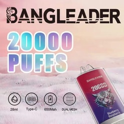 Pubblicità del marchio Bangleader che presenta un dispositivo per svapare usa e getta con la scritta "20000 PUFFS" evidenziata in un grande testo sfumato, raffigurante un dispositivo rosso e viola con l'etichetta "Blueberry Raspberry" con una grafica di una tigre e icone che indicano 28 ml di e-liquid, ricarica di tipo C, batteria da 650 mAh e tecnologia a doppia bobina a rete su uno sfondo rosa tenue.