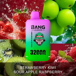 A colorful disposable vape device labeled 'BANG LEADER 3200 PUFFS' with a strawberry kiwi sour apple raspberry flavor, set against a background collage of strawberries, green apples, kiwis, and raspberries splashing in water.