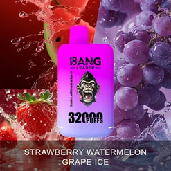 Bright pink and purple vape device labeled 'BANG LEADER 32000 PUFFS' with an angry gorilla logo, surrounded by splashing fresh strawberries, watermelon, and purple grapes on a vibrant background.