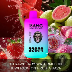 Vape device with a gradient purple to blue body labeled BANG LEADER, featuring blurred face artwork in headphones and text indicating 3200 puffs, surrounded by splashing water images of strawberry, watermelon, kiwi, passion fruit, and guava.