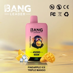 Pink and yellow gradient disposable vape device with a cartoon monkey wearing sunglasses, labeled Bang Leader with flavor Pineapple Ice Triple Mango and 45000 puffs, placed on a surface with ice cubes, pineapple, and a mango slice alongside it, with various certification logos in the background.