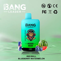 A green and blue Bang Leader disposable vape device with 45000 puffs, accompanied by a can of Red Bull, blueberries, and a sliced watermelon on a shiny green surface with recycling and certification icons in the top right corner.