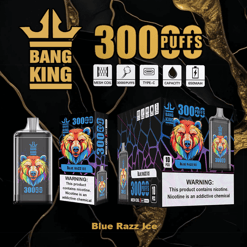 Bang King vape product packaging featuring the Blue Razz Ice flavor with a colorful bear illustration, highlighting 3000 puffs, mesh coil, type-C charging, liquid capacity, and 650mAh battery, along with nicotine addiction warning labels.
