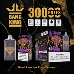 Bang King disposable vape devices and packaging featuring a colorful elephant design and labeled with 3000 puffs, mesh coil, Type-C charging, 650mAh capacity and Kiwi Passion Fruit Guava flavor, with nicotine warning labels.