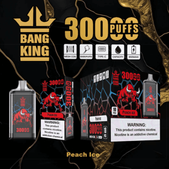 Bang King Peach Ice disposable vape devices and packaging featuring a red bull graphic, highlighting 3000 puffs, mesh coil, Type-C charging, capacity, and 650mAh battery with nicotine warning labels.