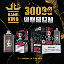 Bang King brand disposable vape devices and packaging with a mermaid illustration and flavor labeled as Strawberry Banana, featuring 300 puffs, mesh coil, type-C charging, 650mAh capacity, on a black and gold background.