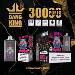 Bang King vape device and packaging in strawberry kiwi flavor featuring a colorful wolf illustration, 300 puffs, mesh coil, type-C charging, 650mAh capacity, and nicotine warning labels on a black and gold background.