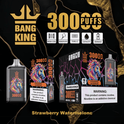 Bang King branded vape device and packaging featuring a colorful unicorn design and strawberry watermelon flavor, with icons indicating mesh coil, 30000 puffs, Type-C charging, liquid capacity, and 650mAh battery, accompanied by nicotine warning labels.