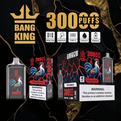 Bang King vape device and packaging featuring a colorful rooster design and labeled for 300 puffs, triple berry ice flavor, mesh coil, type-C charging, 650mAh capacity, with nicotine warning labels on the boxes.