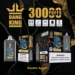 Bang King disposable vape device and packaging for Double Apple flavor, featuring a dragon graphic and highlighting 3000 puffs, mesh coil, Type-C charging, and 650mAh battery capacity