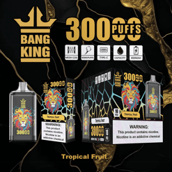 Bang King の使い捨て vape デバイスとパッケージには、カラフルなライオンのグラフィックが描かれ、トロピカルフルーツ風味、メッシュコイル、Type-C 充電、650mAh 容量、ニコチン警告で 3000 回吸引できるラベルが付いています。