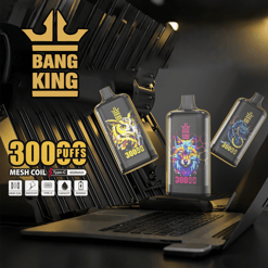 カラフルなフクロウ、オオカミ、ドラゴンのデザインがノートパソコンのキーボードの上に浮かんでいる、Bang King ブランドのベイプ デバイス 3 つ。暗いハイテクをテーマにした背景には、3,000 回の吸引、メッシュ コイル、Type-C 充電、650 mAh の容量を強調表示するテキストが表示されています。
