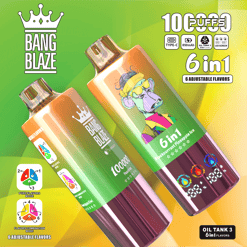 Two Bang Blaze disposable vape devices with gradient green, yellow, and purple colors, featuring a cartoon ape illustration and flavor indicators like Peach Ice and Blackcurrant Pineapple Ice, on a vibrant green and yellow background with product benefits and adjustable flavor modes displayed