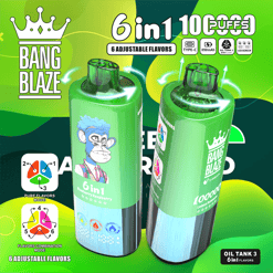 Two green Bang Blaze 6-in-1 flavored vape devices with blue monkey cartoon artwork, showing 6 adjustable flavors, 100,000 puffs capacity, type-C charging, 850mAh battery, oil tank with 3 flavor modes, and LED screens on a green and blue background.