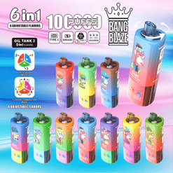 Ten colorful 6-in-1 adjustable flavor vape devices featuring cartoon monkey designs, displayed on a gradient background with product features including 10 puffs, Type-C charging, 850mAh battery, oil tank 3 technology, LED screen, and Bang Blaze branding.