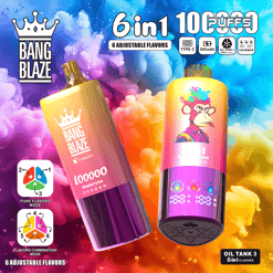 Two colorful Bang Blaze vape devices against a vibrant, smoky background; one device labeled '100000 Blueberry Ice' showing purple and yellow gradient, the other with a cartoon monkey illustration shows digital displays and symbols indicating 6 adjustable flavors, 100 PUFFS, USB Type-C, 850mAh battery, and Oil Tank 3 technology.