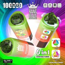 Three green and orange gradient Bang Blaze 6-in-1 vape devices with cartoon monkey logo and adjustable flavor settings displayed against a colorful spiral background with icons for Type-C charging, 850mAh battery, oil tank 3, and LED screen