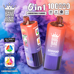 Two gradient purple and orange disposable vaping devices standing upright against a smoky blue, purple, and orange background, displaying branding 'Bang Blaze' and features text including '6 in 1', '10000 puffs', '6 adjustable flavors', and icons for Type-C charging, 850mAh battery, 6-in-1 oil tank, and LED screen.