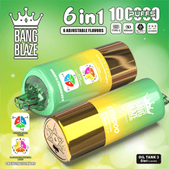 Two cylindrical Bang Blaze vaping devices in green and gold gradient with mouthpieces and markings for 6 adjustable flavors, placed on a green gradient background with icons indicating 6 in 1 adjustable flavors, 100 puffs, Type-C charging, 850mAh battery, oil tank with 3 tanks and LED screen.