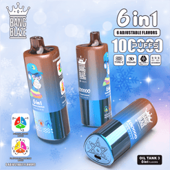Three Bang Blaze 6-in-1 disposable vape devices with blue and brown gradient design, featuring a cartoon monkey wearing a cap, displayed against a snowy blue background, highlighting features like 100000 puffs, 6 adjustable flavors, Type-C charging, 850mAh battery, Oil Tank 3 technology, and LED screen.