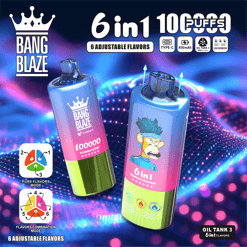 Two cylindrical vape devices with gradient color from blue to pink to green, featuring 'Bang Blaze' branding and a cartoon monkey graphic, set against a blue and purple abstract digital background with text highlighting features like '6 in 1', '100000 puffs', '6 adjustable flavors', and icons for Type-C charging, 850 mAh battery, and LED screen.