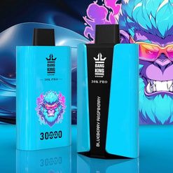 Two blue and black Bang King 30K Pro vape devices with a blue-furred cartoon gorilla wearing orange sunglasses and a purple background design, labeled with blueberry raspberry flavor and 30000 puffs.