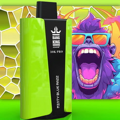 Green and black Bang King Color 30K Pro device labeled Minty Blue Razz with a colorful animated purple gorilla wearing blue sunglasses in the background