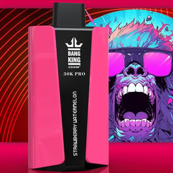 Dispositivo per vaping Pro Color Ring Bang Bang 30k 30K etichettata con un gorilla ruggente colorato che indossa gli occhiali da sole viola illustrazione sullo sfondo.