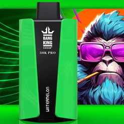 Dispositivo a vapori di vaporizzatori per vape da 30k a colori verdi e neri con scimmia stilizzata che indossa bicchieri viola sullo sfondo