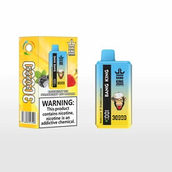 Blueberry Ice Strawberry and Banana flavored disposable vape device and its packaging with a cartoon chimpanzee face and warning label about nicotine content.