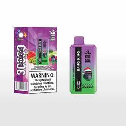 Bang King disposable vape device and its packaging in green and purple gradient with a Santa gorilla wearing sunglasses illustration, flavor labeled as Strawberry Kiwi Sour Apple Raspberry, with a nicotine warning on the box.