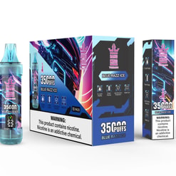Three views of Bang King Tornado Blue Razz Ice vape devices and packaging, including a clear vape bottle, a 10-pack box with warning labels, and a single smaller box, all featuring blue and purple futuristic designs.