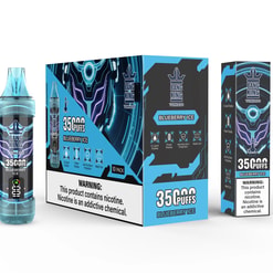 Bang King Tornado Blueberry Ice disposable vape device next to its 10-pack retail box and individual box, featuring blue and black futuristic design with nicotine warning labels and icons for E-liquid, power display, anti-dry burn protection, and mesh coil.