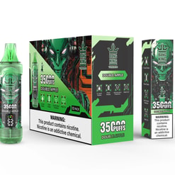 Bang King Tornado disposable vape device and packaging in green themed double apple flavor, showing 35,000 puffs with warnings about nicotine addiction and product features like e-liquid display, power display, anti-dry burn protection, and mesh coil.