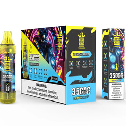 Bang King Tornado Lemon Mint vaping device with a yellow transparent cap and LED design, next to its colorful packaging box displaying 35,000 puffs, lemon mint flavor, and warnings about nicotine addiction, featuring futuristic artwork and icons for e-liquid display, power display, anti-dry burn protection, and mesh coil.