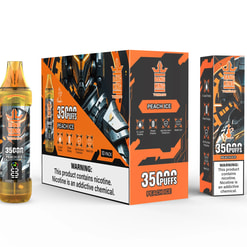 Bang King Tornado disposable vape device and packaging in peach ice flavor with 3500 puffs, showing vape device, 10-pack box, and a single box with nicotine warning label and product features in black and orange design