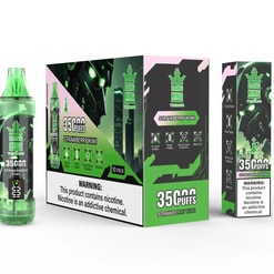 Green and black Bang King Tornado e-liquid vape device and packaging displaying 35,000 puffs, strawberry kiwi flavor, with warnings about nicotine content and features like e-liquid display, power display, anti-dry burn protection, and mesh coil.