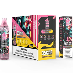 Bang King Tornado disposable vape device and packaging in Strawberry Mango flavor, showing a black and pink design with a mechanical skull graphic, highlighting 35,000 puffs and nicotine warning.