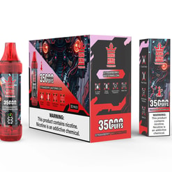 Bang King Tornado disposable vape device and packaging featuring strawberry watermelon flavor, highlighting 3500 puffs, power display, anti-dry-burn protection, and mesh coil features, with a nicotine warning label.