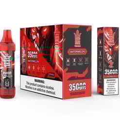Bang King Tornado Watermelon Flaseded Vaping Deviceと、恐ろしいロボットフェイスを備えた大胆な赤と黒のデザインを特徴とするパッケージング。